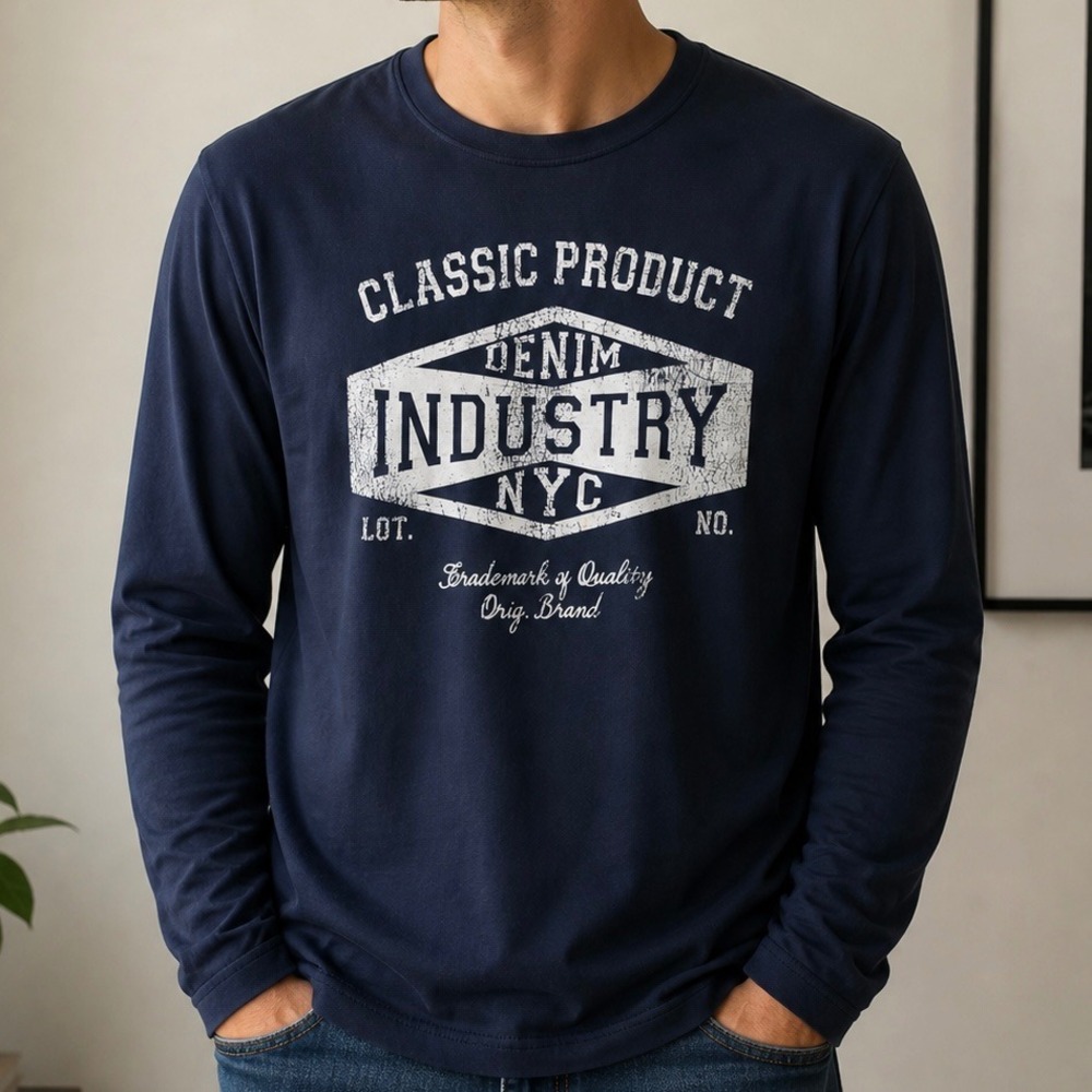 Livergy Mens LS 100% Cotton Graphic T-Shirt Navy Blue Denim Industry NYC Size L
